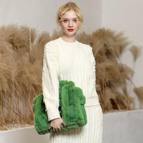 ✨Herald Women Green Tote Bag Soft Fluffy Fuzzy Furry Plush Handle Purse Handbag - Picture 6 of 8